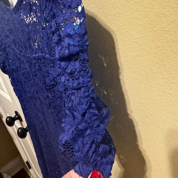 Marina Women’s Blue Sequin Lace Cocktail Dress Short Sleeve Sz S - Picture 12 of 13
